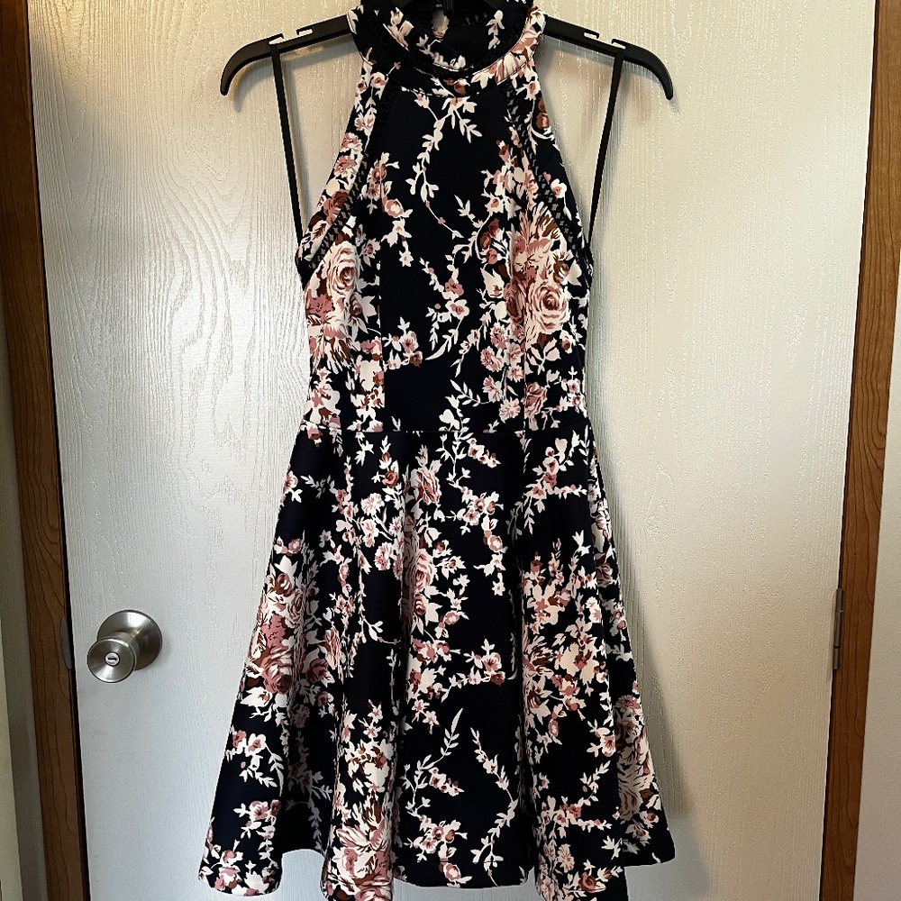 B Darlin Navy Blush Floral Halter A-line Sleeveless Dress 5/6